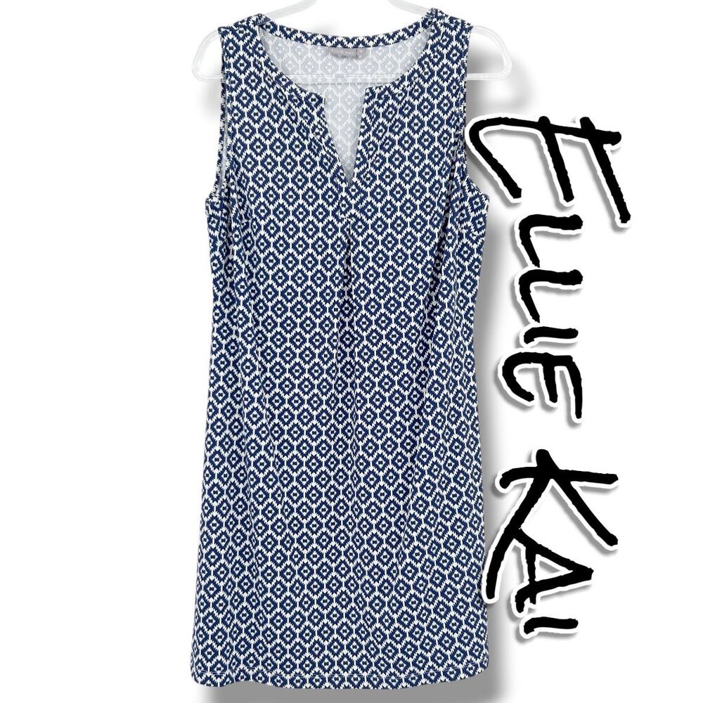 Ellie Kai Blue White Geometric Sleeveless Shift Dress Stretch Size 12 Travel